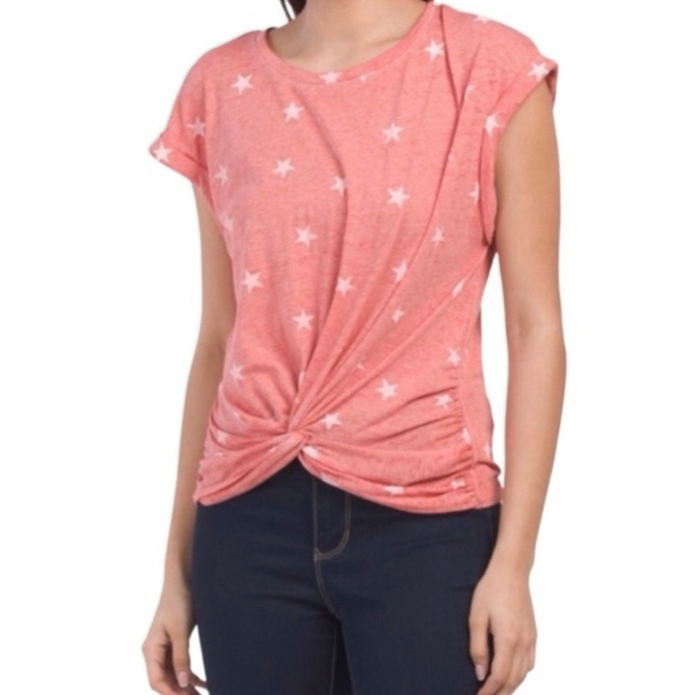 Lucky Brand Large Top Stars Pink Twist Front Patriotic Women’s T Shirt